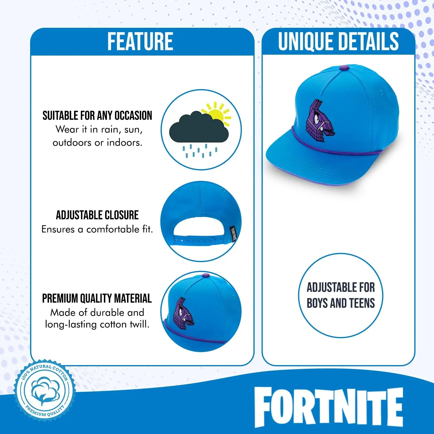 FORTNITE Baseball Cap for Boys, Quality Made Boys Hat and Fitted Cap, Flatbrim Baseball Hat with Sleek Design