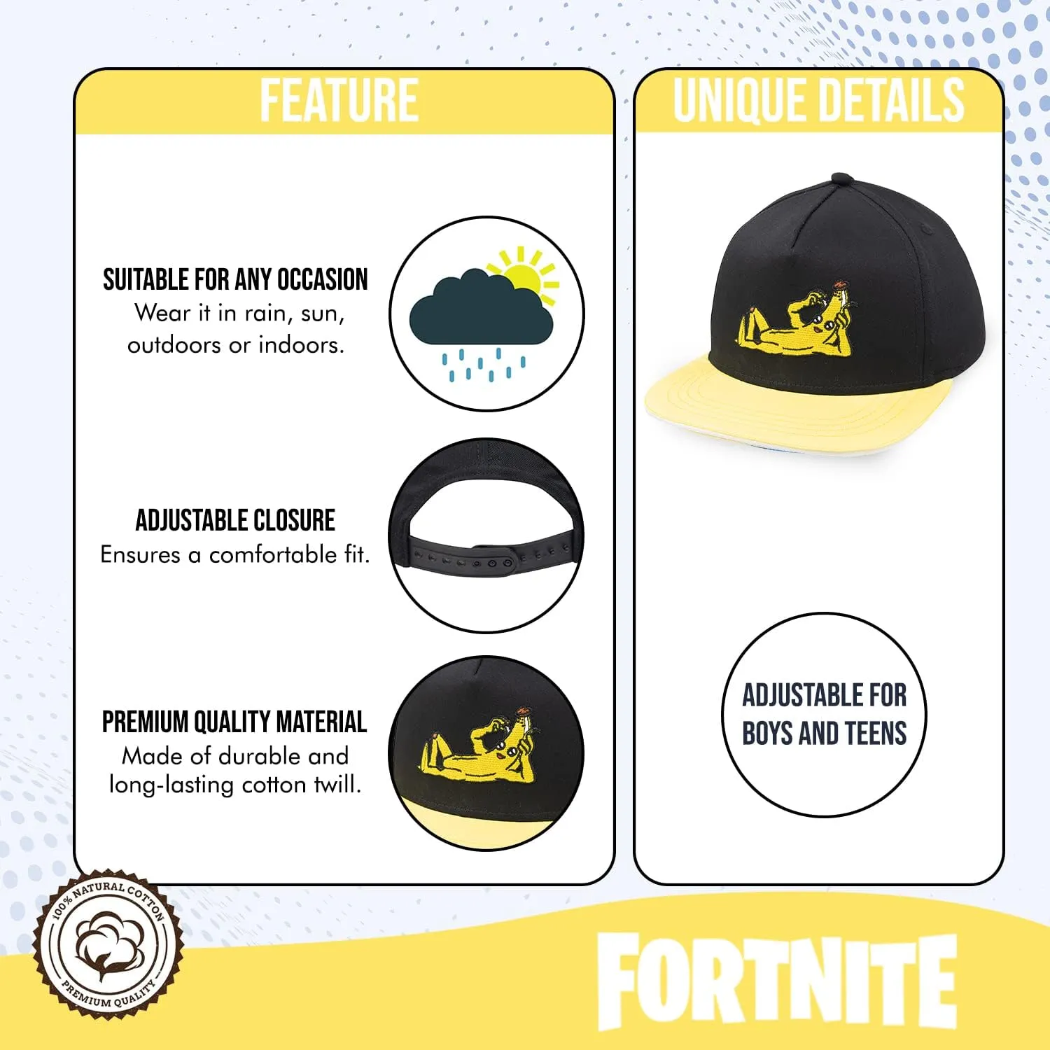 FORTNITE Baseball Cap for Boys, Quality Made Boys Hat and Fitted Cap, Flatbrim Baseball Hat with Sleek Design