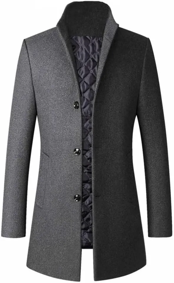 FTCayanz Men's Trench Coat Wool Blend Slim Fit Top Coat Single Breasted Business Overcoat