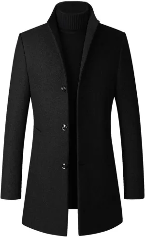 FTCayanz Men's Trench Coat Wool Blend Slim Fit Top Coat Single Breasted Business Overcoat