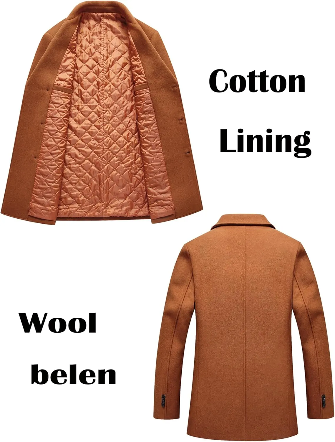FTCayanz Men's Winter Pea Coat Slim Fit Trench Coats Double Breasted Warm Wool Blend Overcoat