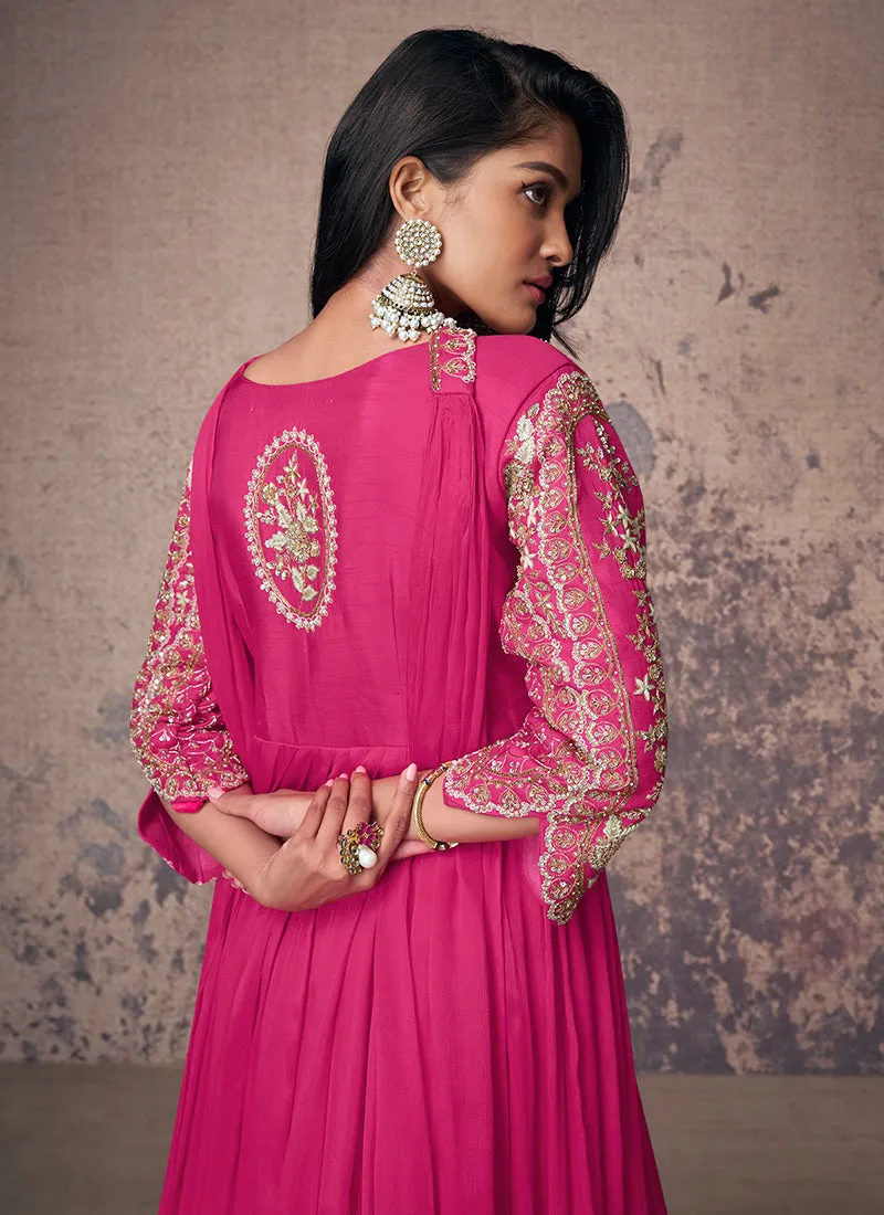 Fuchsia Pink Embroidered Chinnon Anarkali Gown
