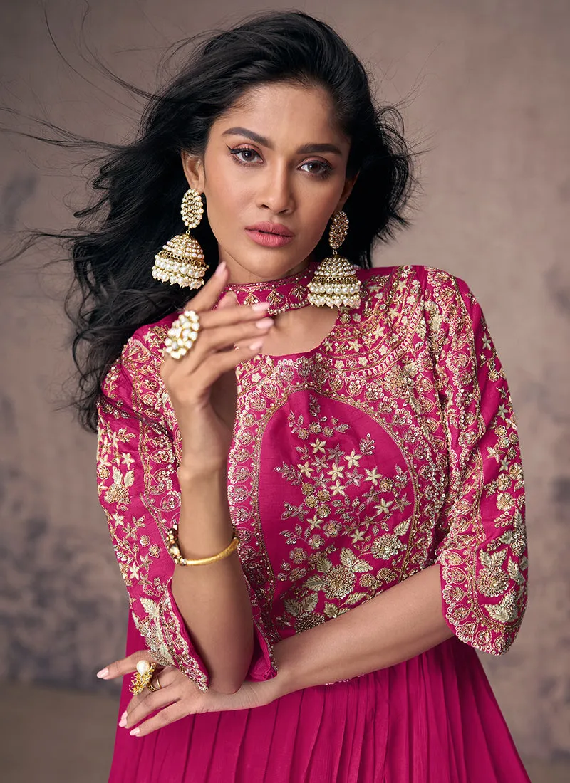 Fuchsia Pink Embroidered Chinnon Anarkali Gown