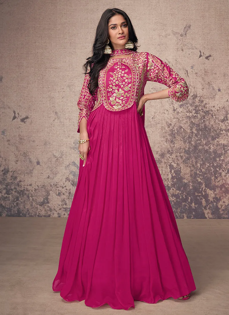 Fuchsia Pink Embroidered Chinnon Anarkali Gown