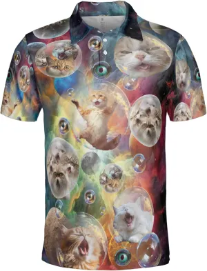 Funny Cat Polo Shirts for Men - Galaxy Cat Men's Regular Fit Quick Dry Golf Polo Shirt Series 04