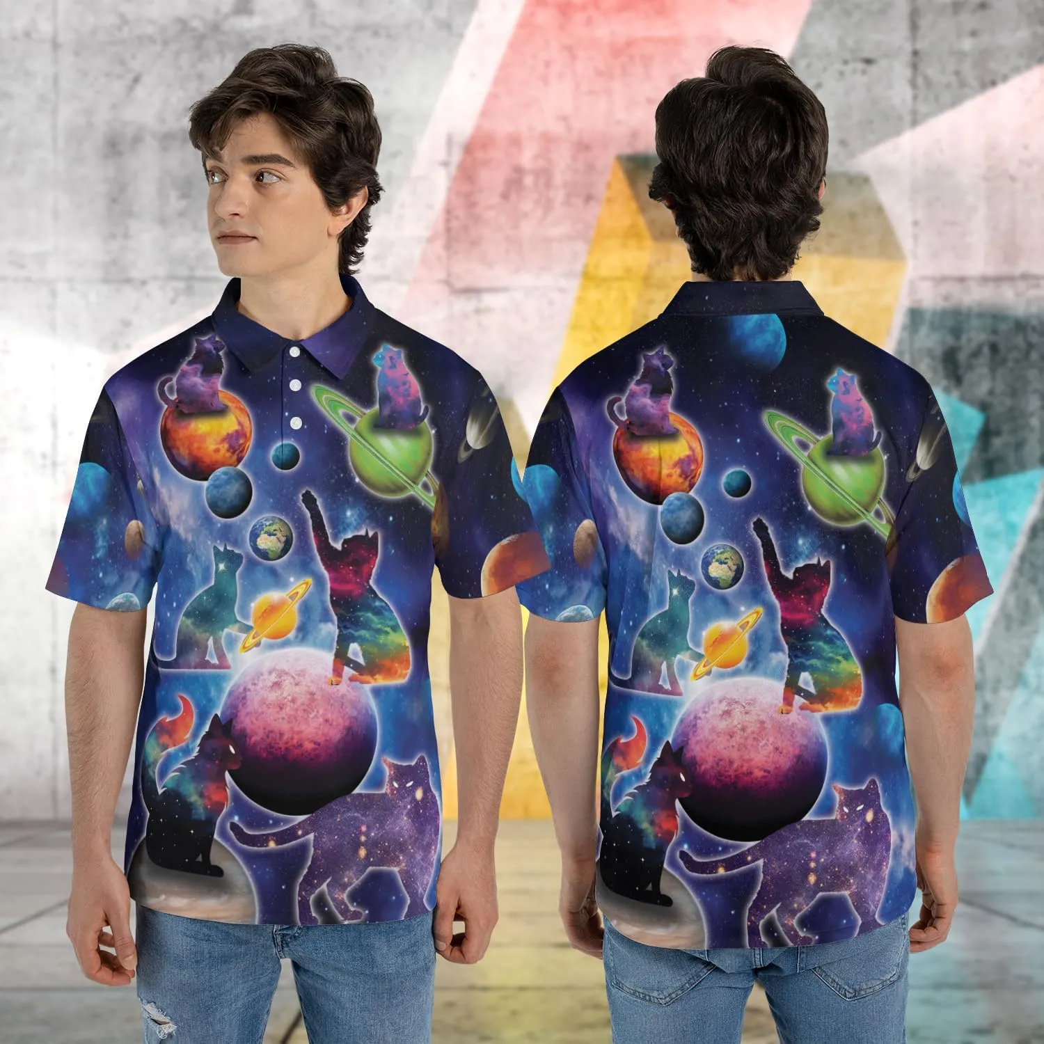 Funny Cat Polo Shirts for Men - Galaxy Cat Men's Regular Fit Quick Dry Golf Polo Shirt Series 04