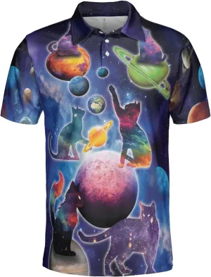 Funny Cat Polo Shirts for Men - Galaxy Cat Men's Regular Fit Quick Dry Golf Polo Shirt Series 04