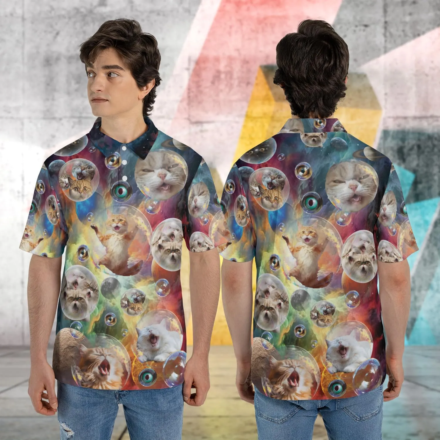 Funny Cat Polo Shirts for Men - Galaxy Cat Men's Regular Fit Quick Dry Golf Polo Shirt Series 04