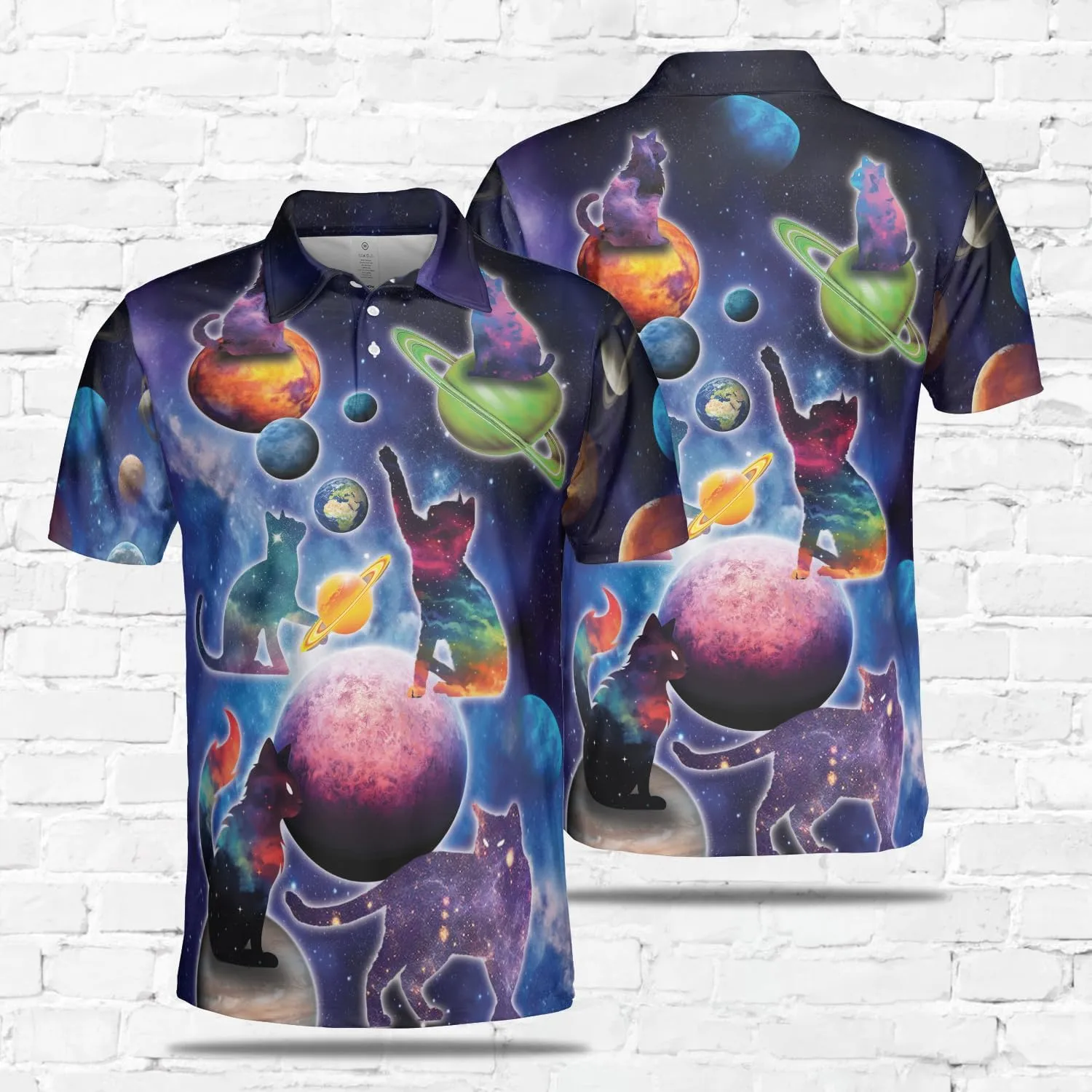 Funny Cat Polo Shirts for Men - Galaxy Cat Men's Regular Fit Quick Dry Golf Polo Shirt Series 04