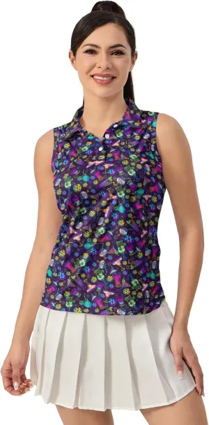 Funny Sleeveless Golf Polo for Women Colorful Sleeveless Quick Dry Polo Shirts Ladies Golf Shirts Golf Outfits for Women