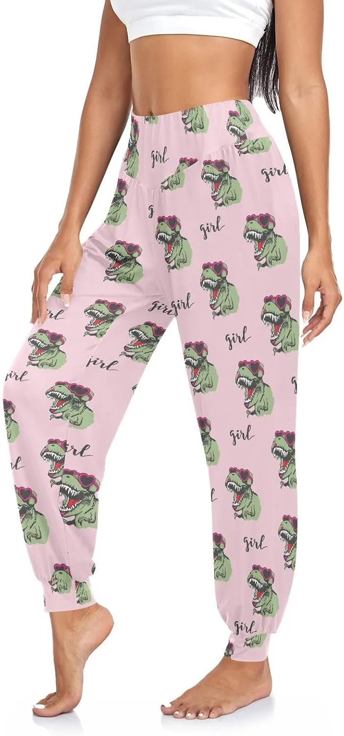 Fustylead Green Dinosaurs in Pink Sunglasses Women's Harem Pants High Smocked Waist Sweatpants Yoga Baggy Casual Trousers