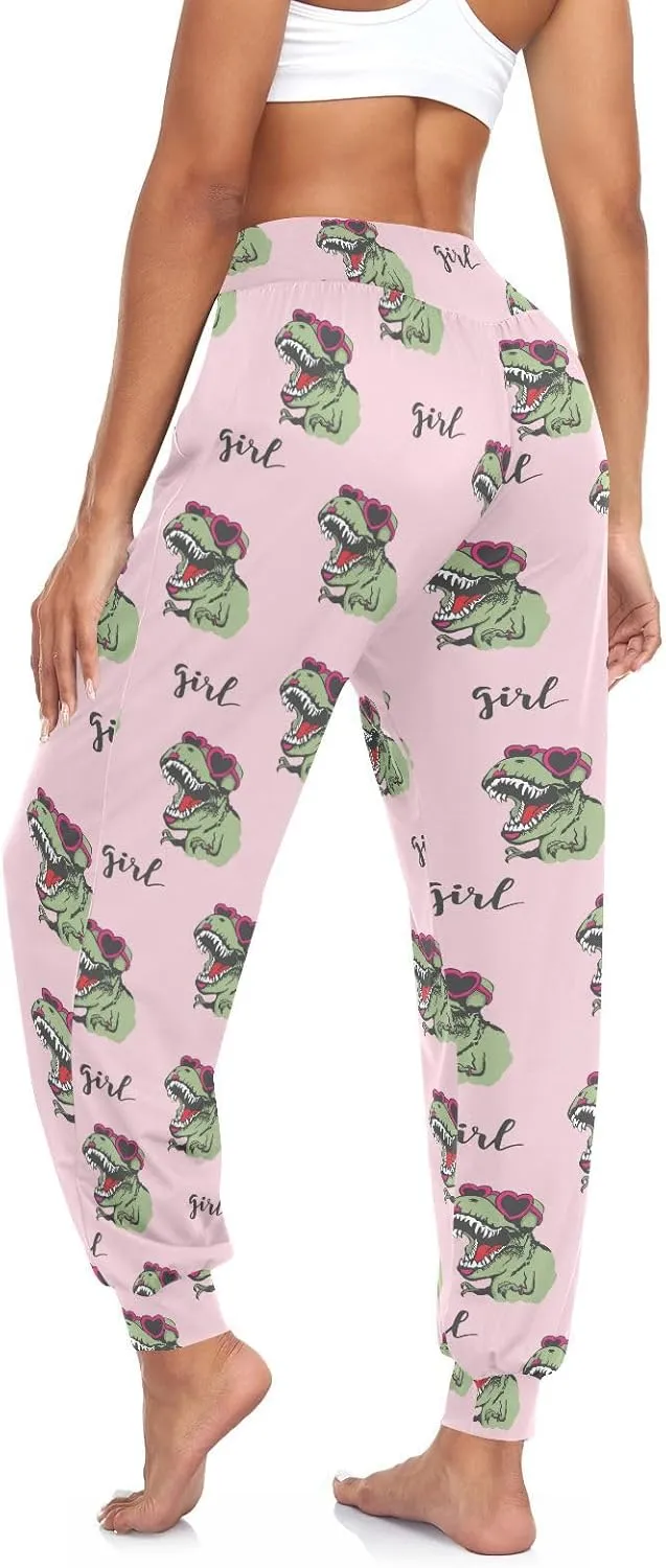 Fustylead Green Dinosaurs in Pink Sunglasses Women's Harem Pants High Smocked Waist Sweatpants Yoga Baggy Casual Trousers