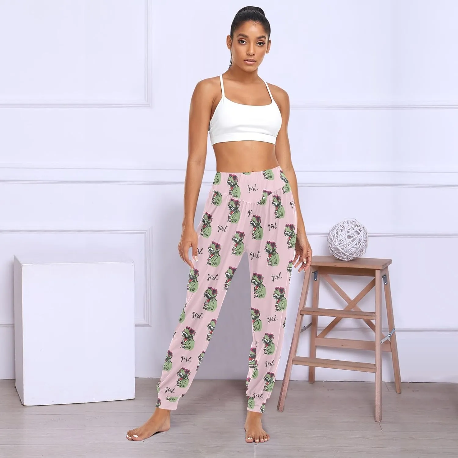 Fustylead Green Dinosaurs in Pink Sunglasses Women's Harem Pants High Smocked Waist Sweatpants Yoga Baggy Casual Trousers