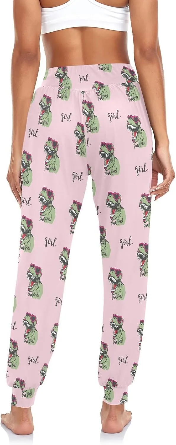 Fustylead Green Dinosaurs in Pink Sunglasses Women's Harem Pants High Smocked Waist Sweatpants Yoga Baggy Casual Trousers