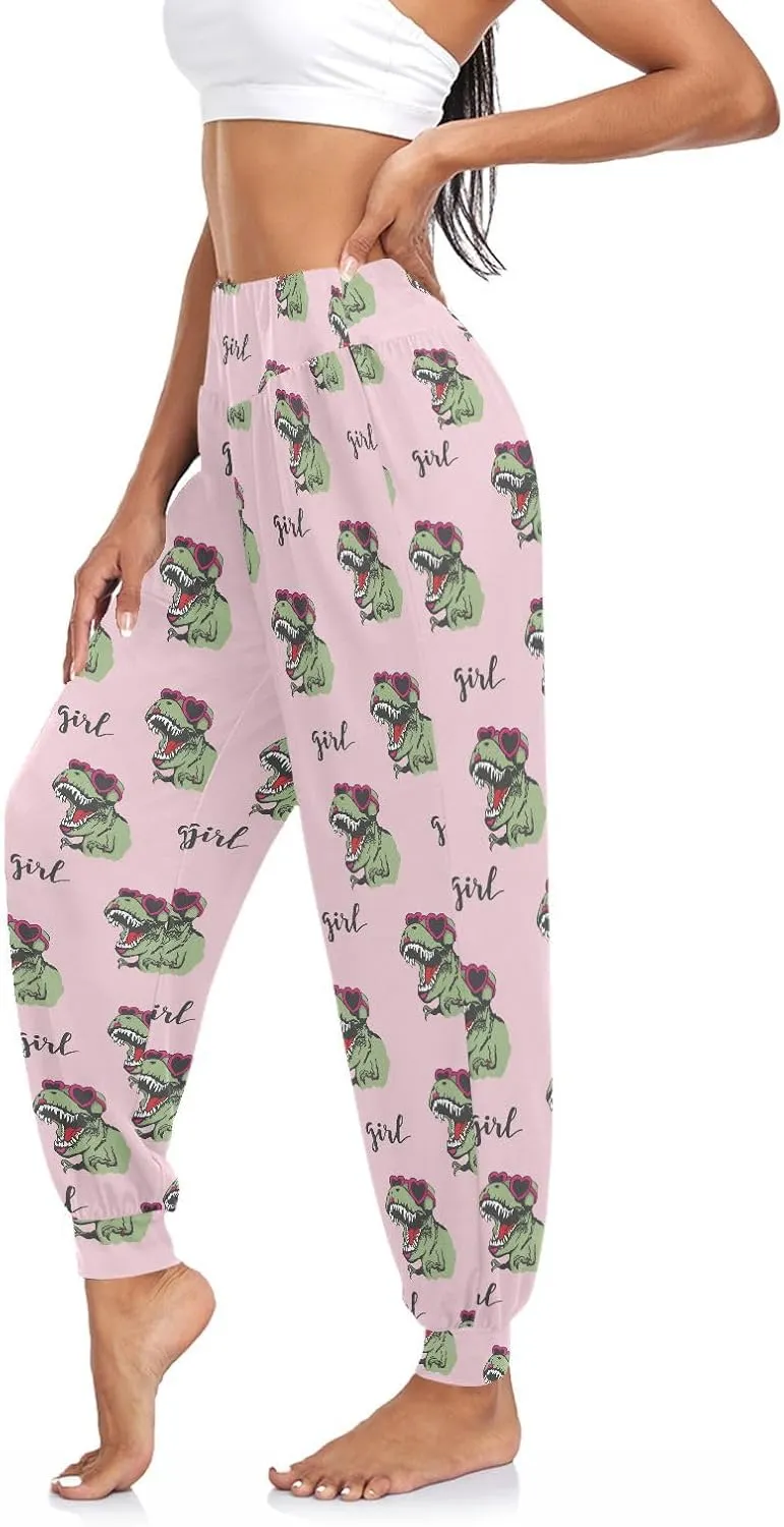 Fustylead Green Dinosaurs in Pink Sunglasses Women's Harem Pants High Smocked Waist Sweatpants Yoga Baggy Casual Trousers
