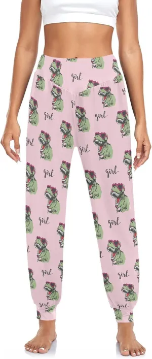 Fustylead Green Dinosaurs in Pink Sunglasses Women's Harem Pants High Smocked Waist Sweatpants Yoga Baggy Casual Trousers