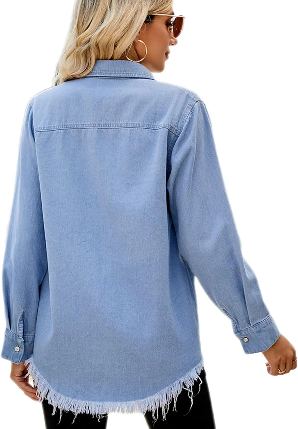 FYMNSI Womens Jean Jacket Shirt Casual Frayed Hem Denim Jackets Pockets Long Sleeve Shacket Shirts Fashion Fall Tops Clothes