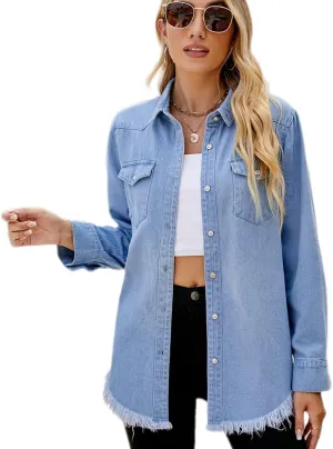 FYMNSI Womens Jean Jacket Shirt Casual Frayed Hem Denim Jackets Pockets Long Sleeve Shacket Shirts Fashion Fall Tops Clothes