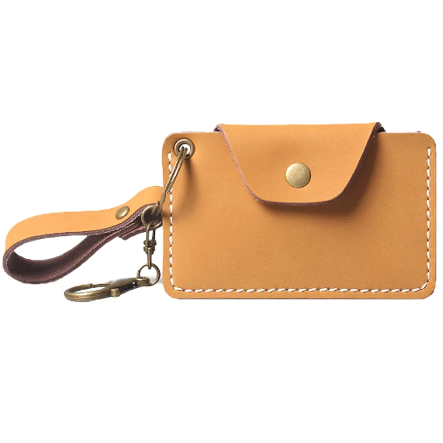 Genuine Leather Card Case, Mini Coin Purse, Slim Wristlet Bracelet Keychain Credit Card Holder, Small Wallet with Key Ring for Women (Brown)