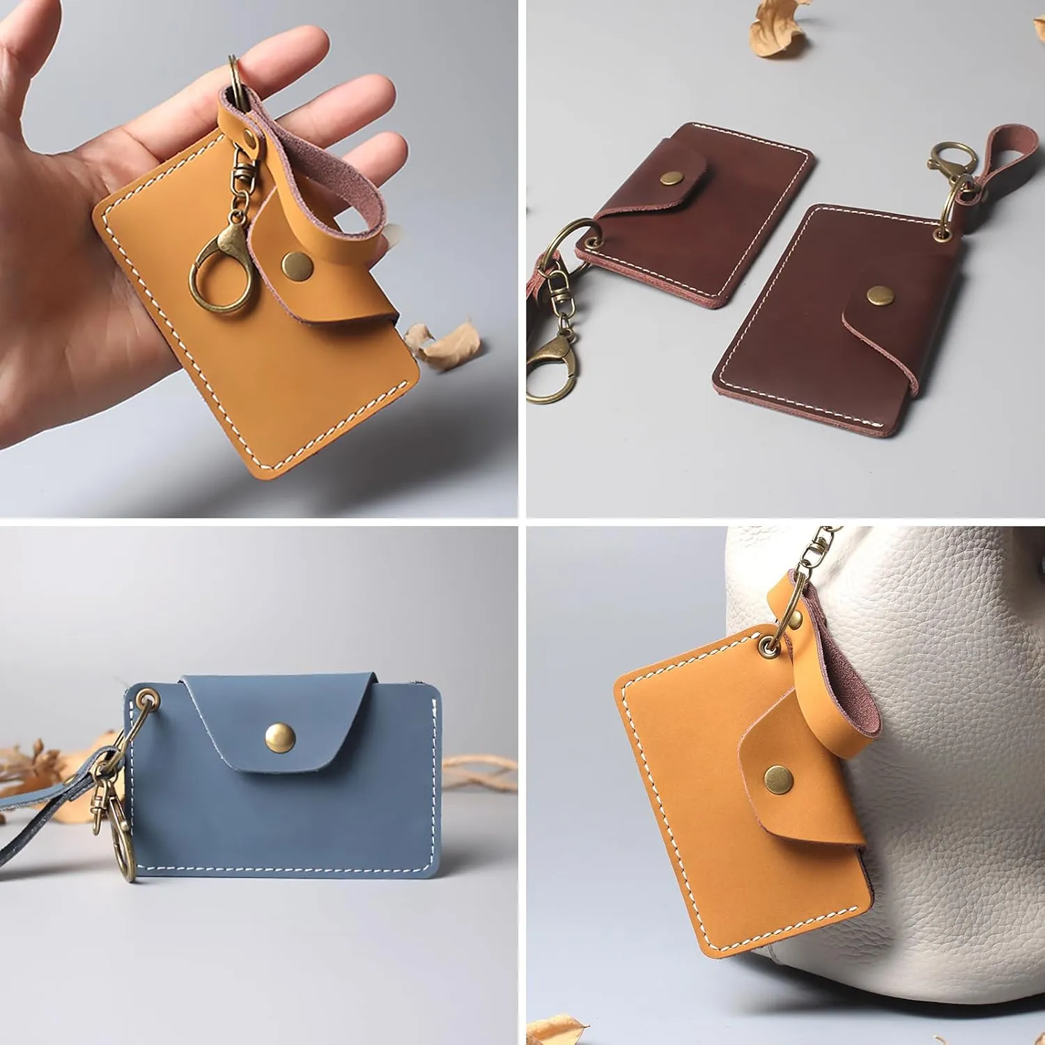 Genuine Leather Card Case, Mini Coin Purse, Slim Wristlet Bracelet Keychain Credit Card Holder, Small Wallet with Key Ring for Women (Brown)