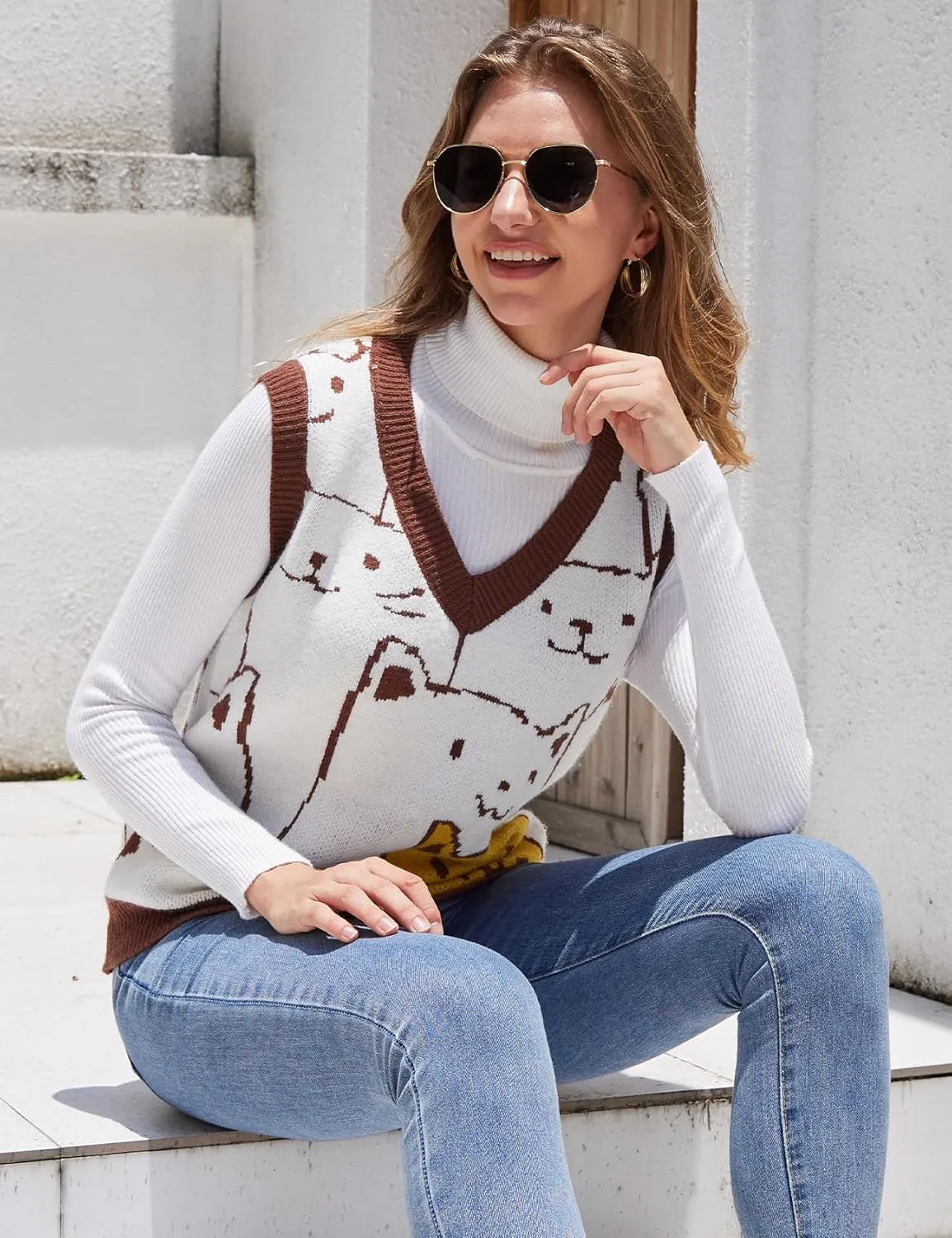 Gihuo Womens Cat Sweater Vest V Neck Y2k Graphic Knitted Vests Pullover Sleeveless Knitwear Cute Tunic Knit Top