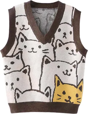 Gihuo Womens Cat Sweater Vest V Neck Y2k Graphic Knitted Vests Pullover Sleeveless Knitwear Cute Tunic Knit Top