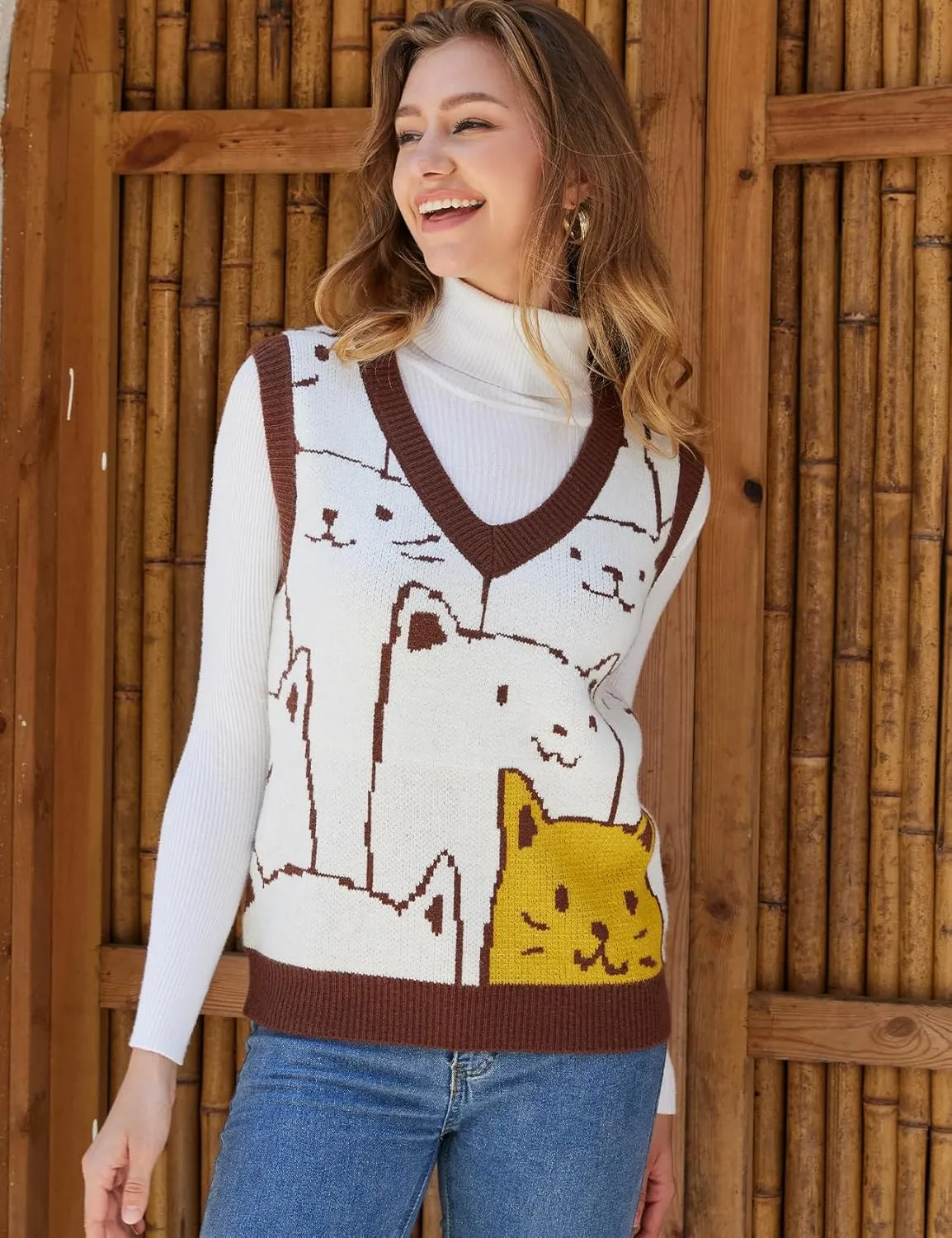 Gihuo Womens Cat Sweater Vest V Neck Y2k Graphic Knitted Vests Pullover Sleeveless Knitwear Cute Tunic Knit Top