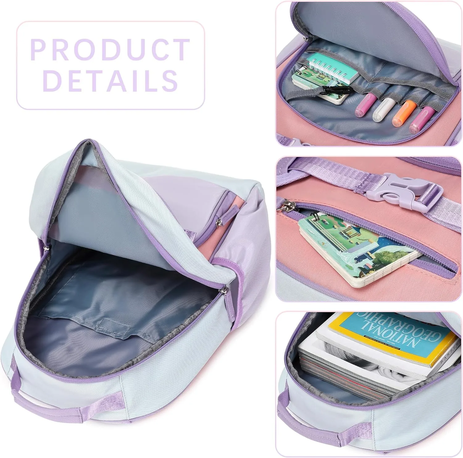Girls Backpack for Kindergarten Water Resistant Bookbag for School Kids 3-7 (Purple Pink)