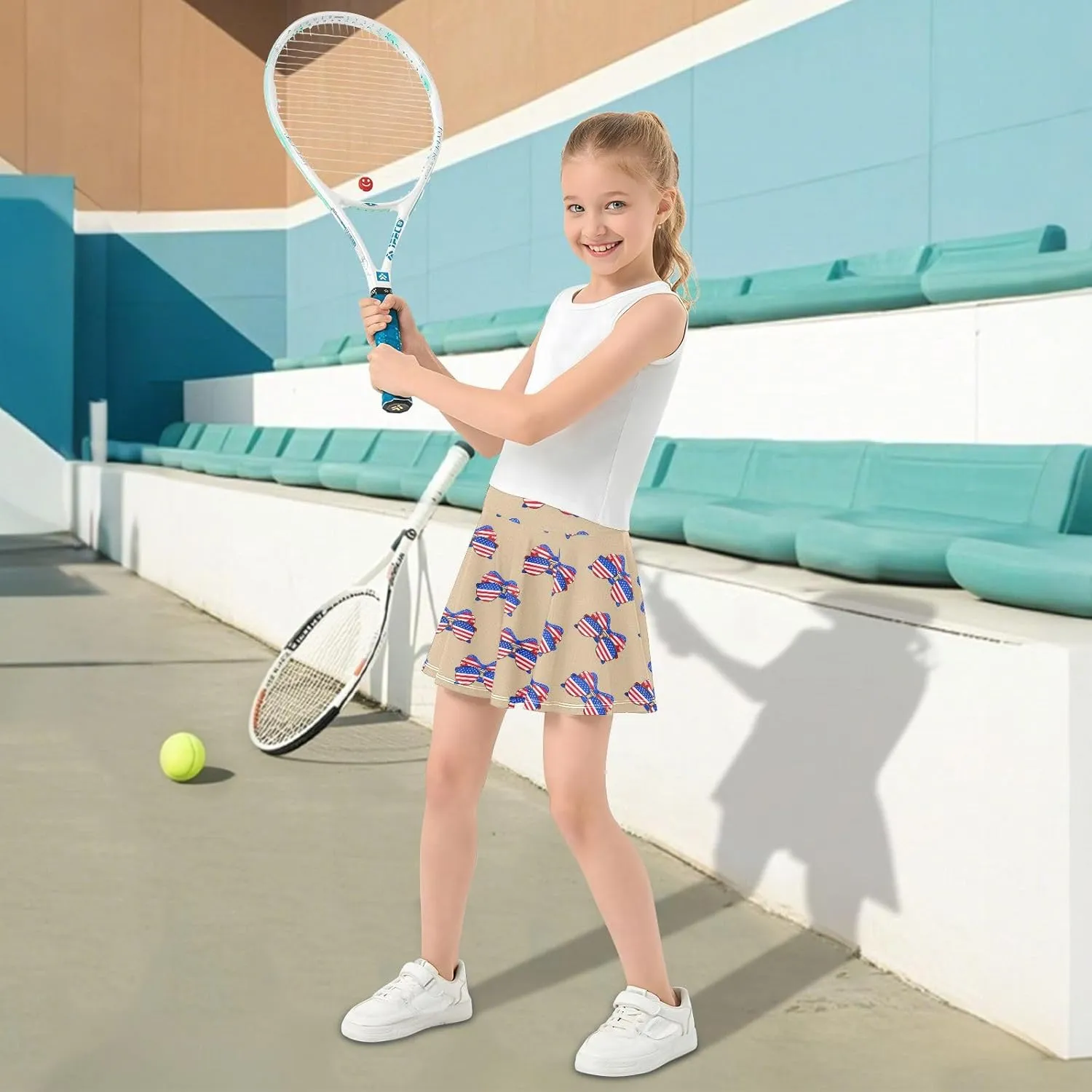 Girls Skorts USA Sunglasses Beige Pleated Skorts with Pockets Athletic Skirts Tennis Skirts with Shorts
