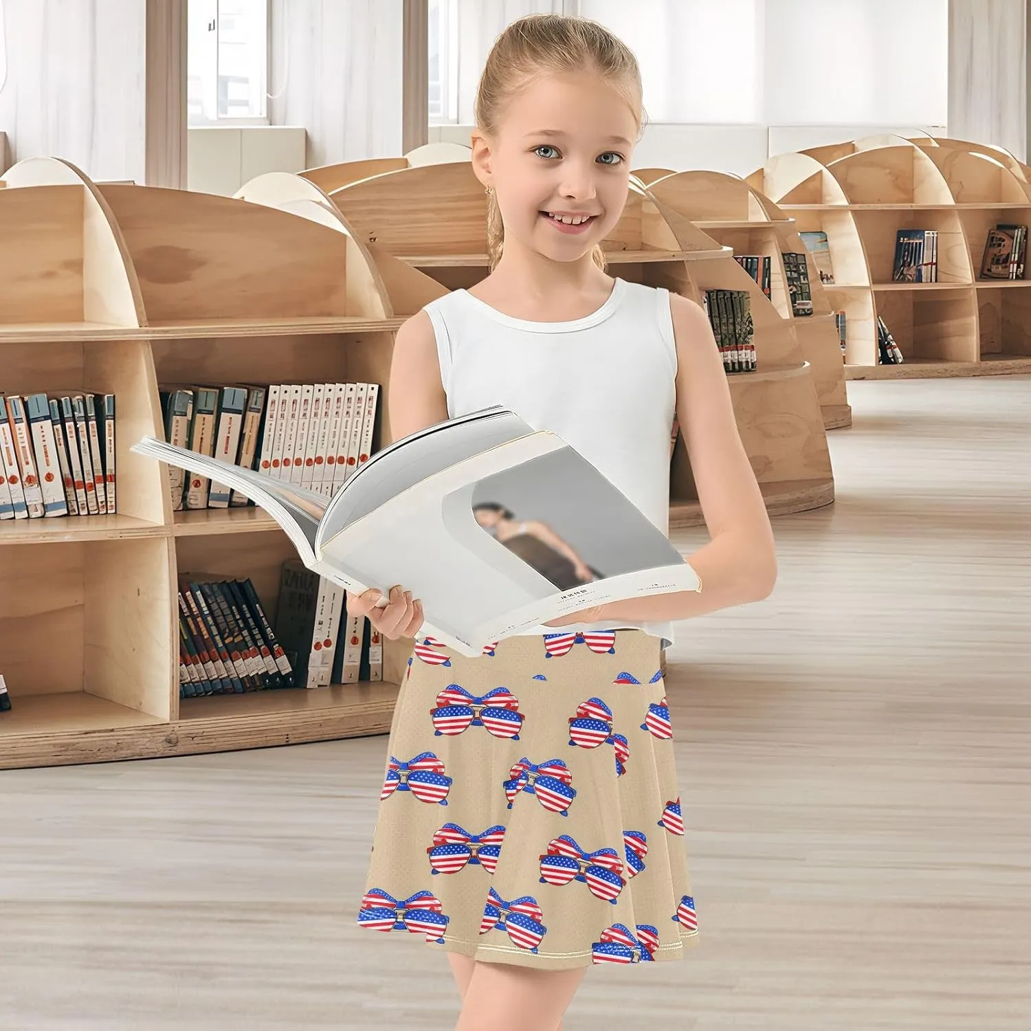 Girls Skorts USA Sunglasses Beige Pleated Skorts with Pockets Athletic Skirts Tennis Skirts with Shorts