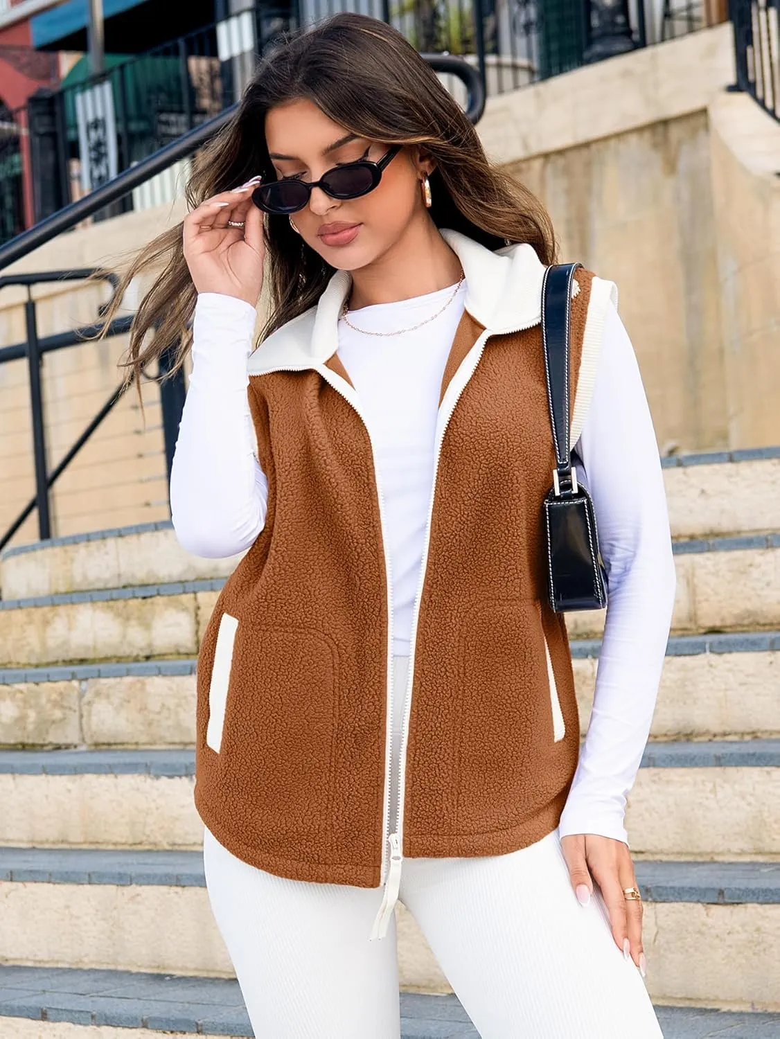 Glamaker Womens Fuzzy Sherpa Fleece Vest Casual Sleeveless Outerwear Travel Zip Up Jacket Lightweight Warm Gilet With Pockets