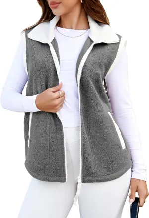 Glamaker Womens Fuzzy Sherpa Fleece Vest Casual Sleeveless Outerwear Travel Zip Up Jacket Lightweight Warm Gilet With Pockets