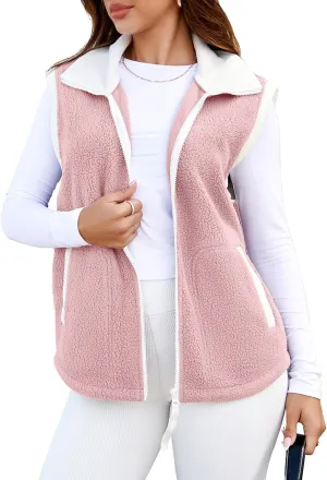 Glamaker Womens Fuzzy Sherpa Fleece Vest Casual Sleeveless Outerwear Travel Zip Up Jacket Lightweight Warm Gilet With Pockets