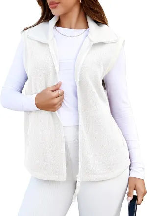 Glamaker Womens Fuzzy Sherpa Fleece Vest Casual Sleeveless Outerwear Travel Zip Up Jacket Lightweight Warm Gilet With Pockets