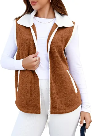 Glamaker Womens Fuzzy Sherpa Fleece Vest Casual Sleeveless Outerwear Travel Zip Up Jacket Lightweight Warm Gilet With Pockets