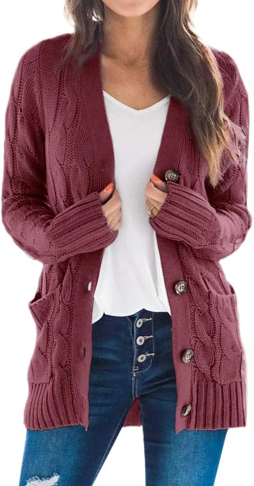 Goranbon Women's Cable Knit Cardigan Long Sleeve Open Front Button Down Knitwear Sweater Coat