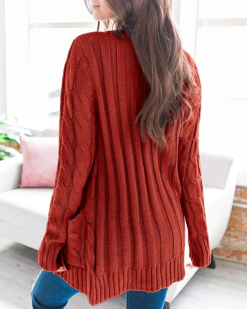 Goranbon Women's Cable Knit Cardigan Long Sleeve Open Front Button Down Knitwear Sweater Coat