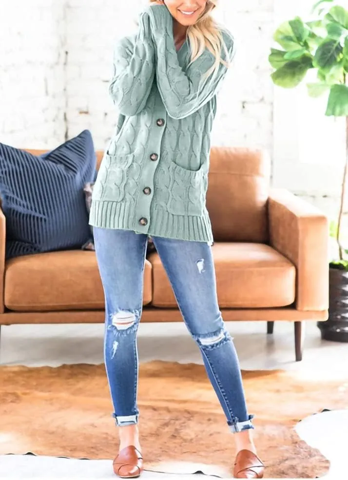 Goranbon Women's Cable Knit Cardigan Long Sleeve Open Front Button Down Knitwear Sweater Coat