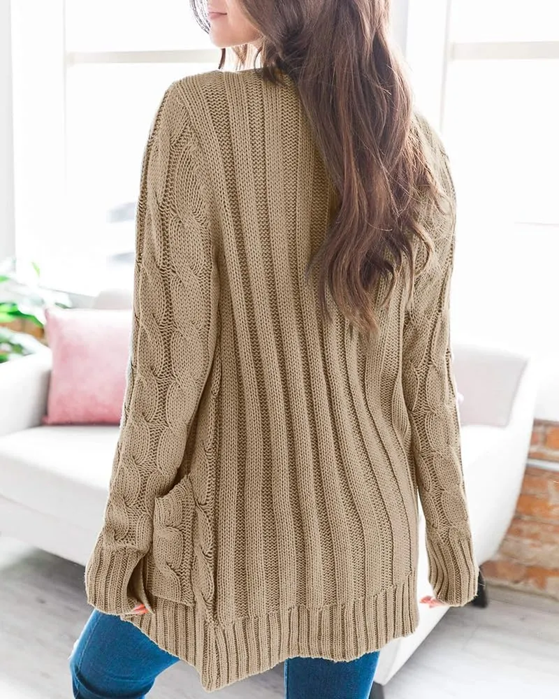 Goranbon Women's Cable Knit Cardigan Long Sleeve Open Front Button Down Knitwear Sweater Coat