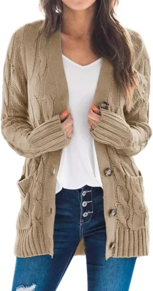 Goranbon Women's Cable Knit Cardigan Long Sleeve Open Front Button Down Knitwear Sweater Coat