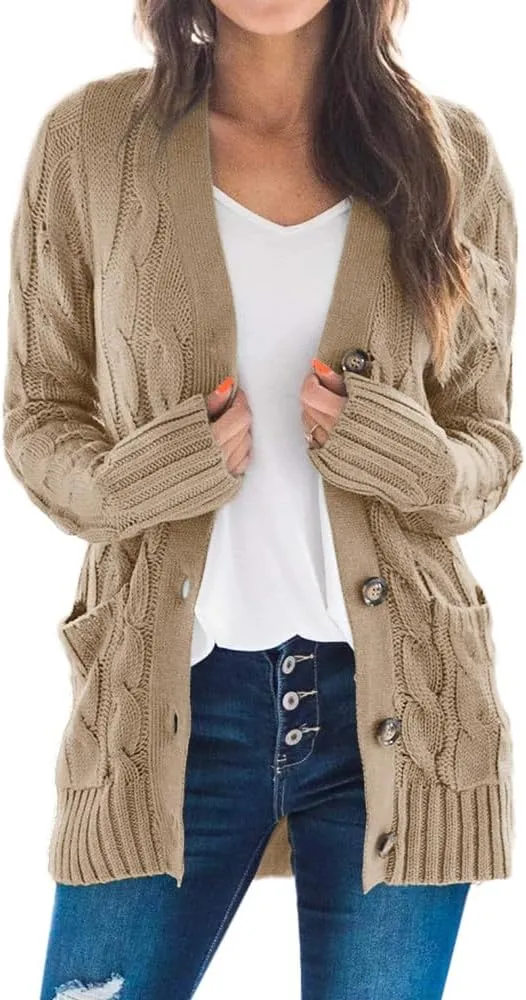 Goranbon Women's Cable Knit Cardigan Long Sleeve Open Front Button Down Knitwear Sweater Coat