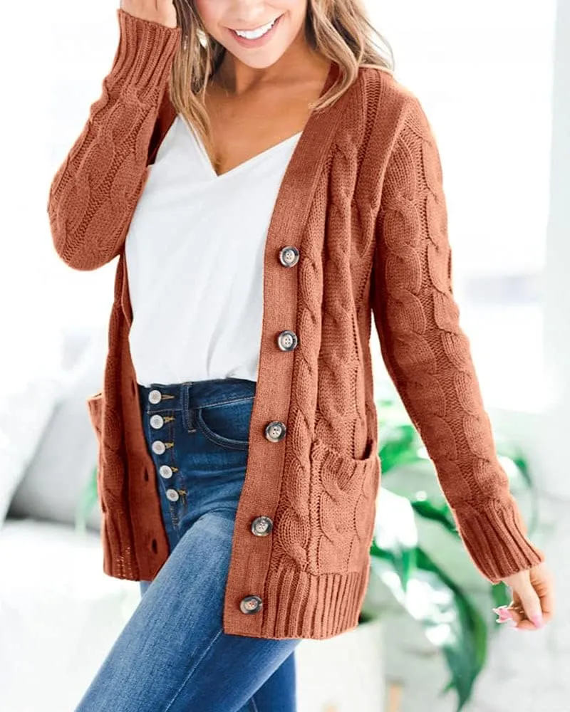 Goranbon Women's Cable Knit Cardigan Long Sleeve Open Front Button Down Knitwear Sweater Coat