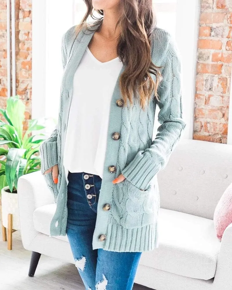 Goranbon Women's Cable Knit Cardigan Long Sleeve Open Front Button Down Knitwear Sweater Coat