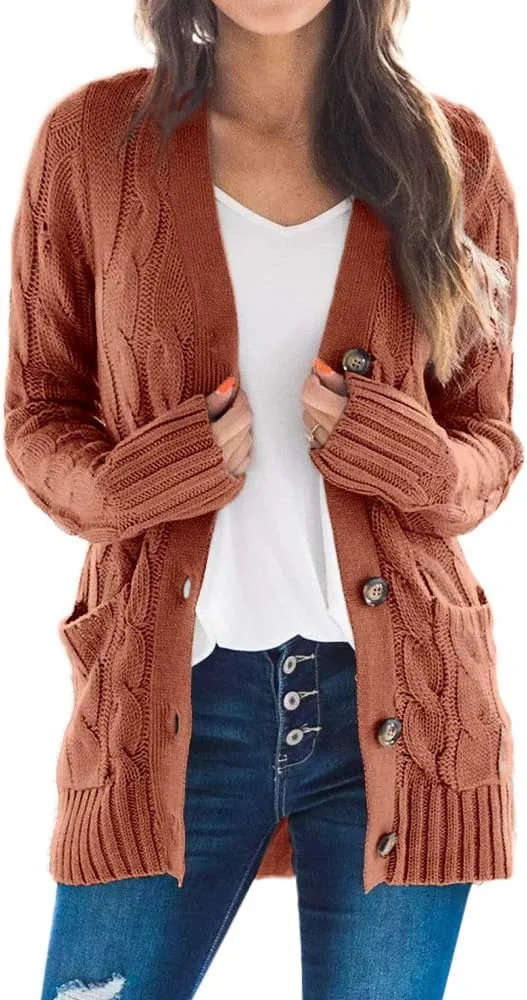 Goranbon Women's Cable Knit Cardigan Long Sleeve Open Front Button Down Knitwear Sweater Coat
