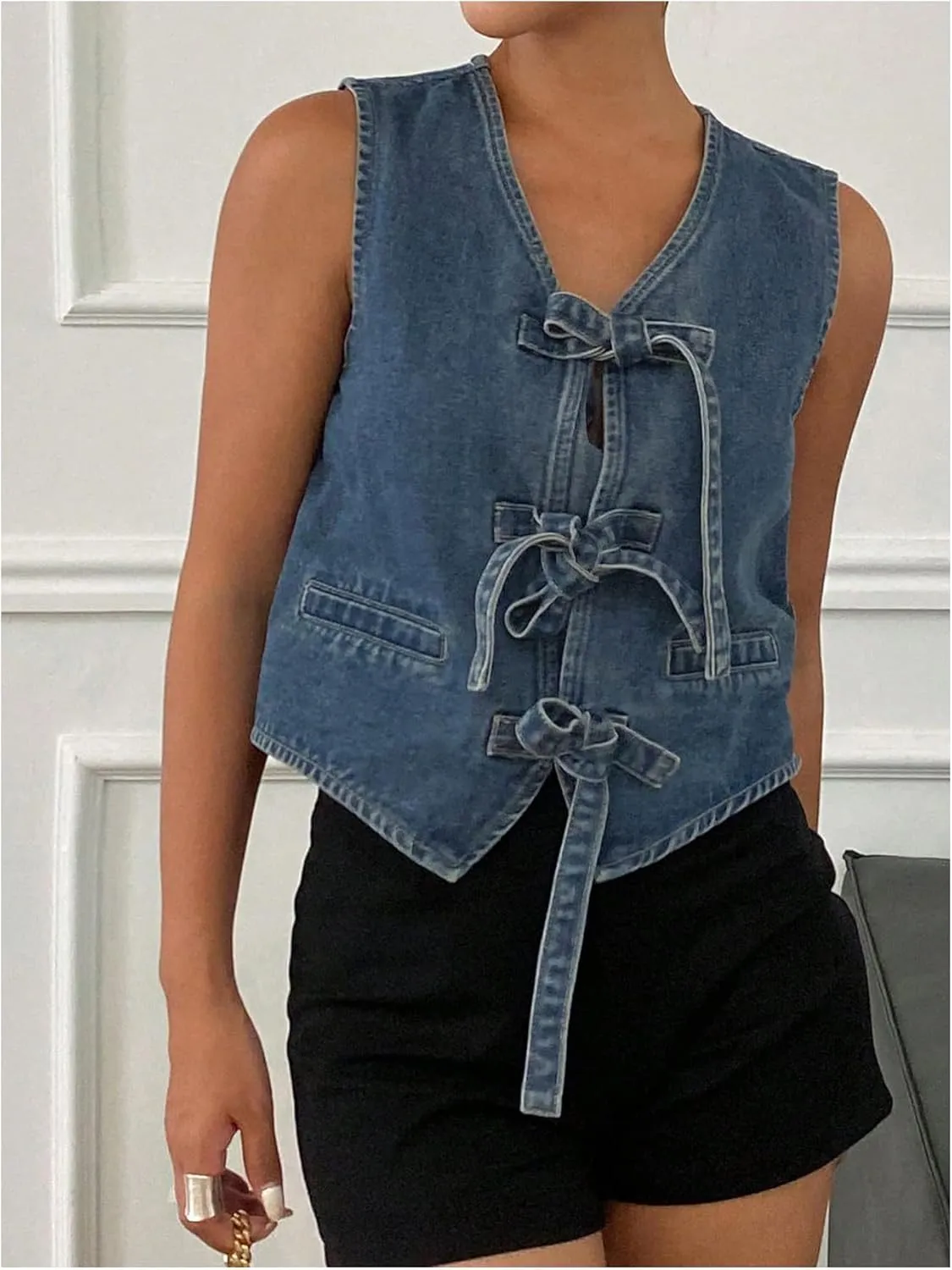GORGLITTER Women's Bow Tie Front Denim Vest Shirt Sleeveless V Neck Washed Jean Vest Tops Jacket