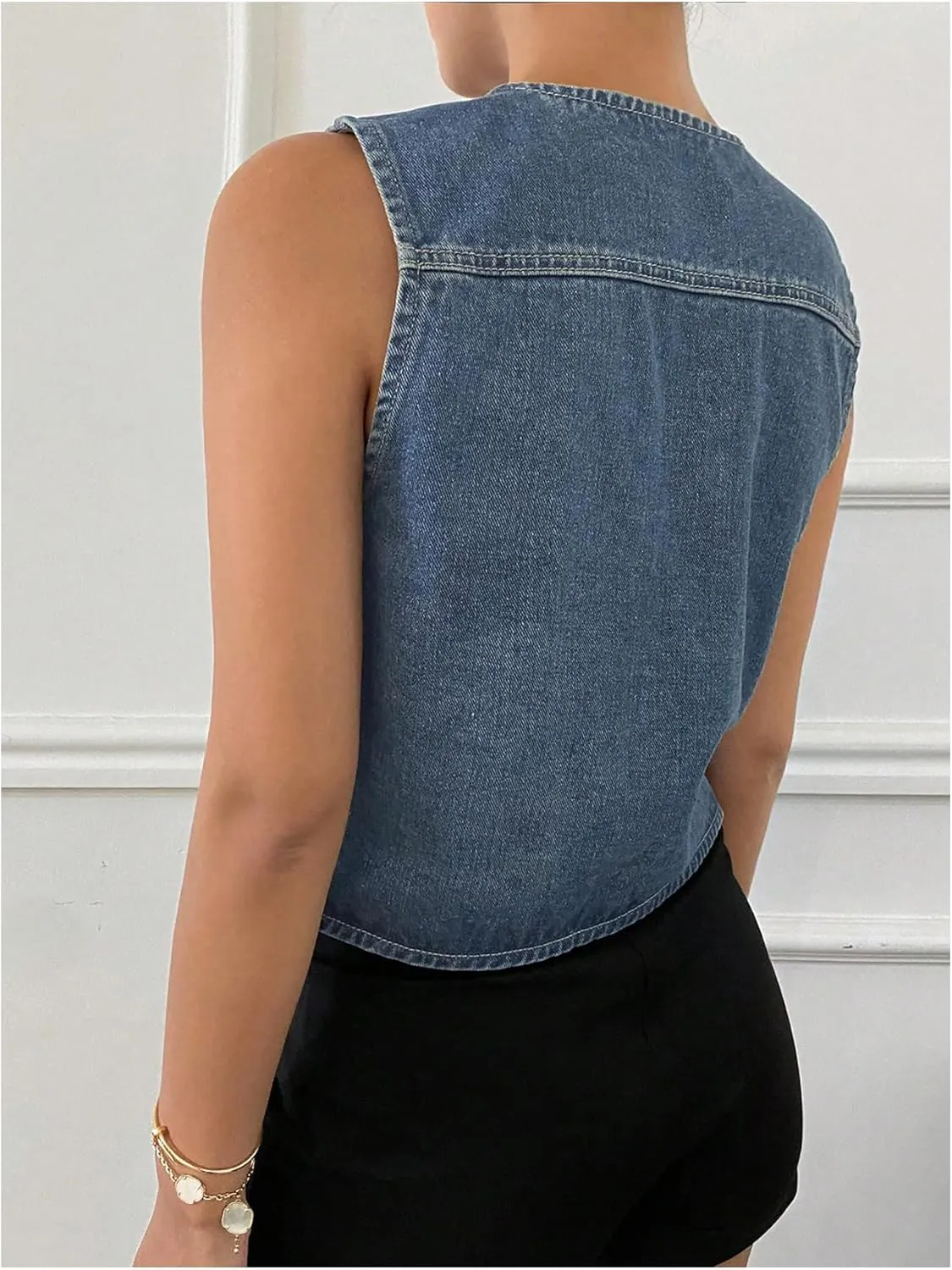 GORGLITTER Women's Bow Tie Front Denim Vest Shirt Sleeveless V Neck Washed Jean Vest Tops Jacket