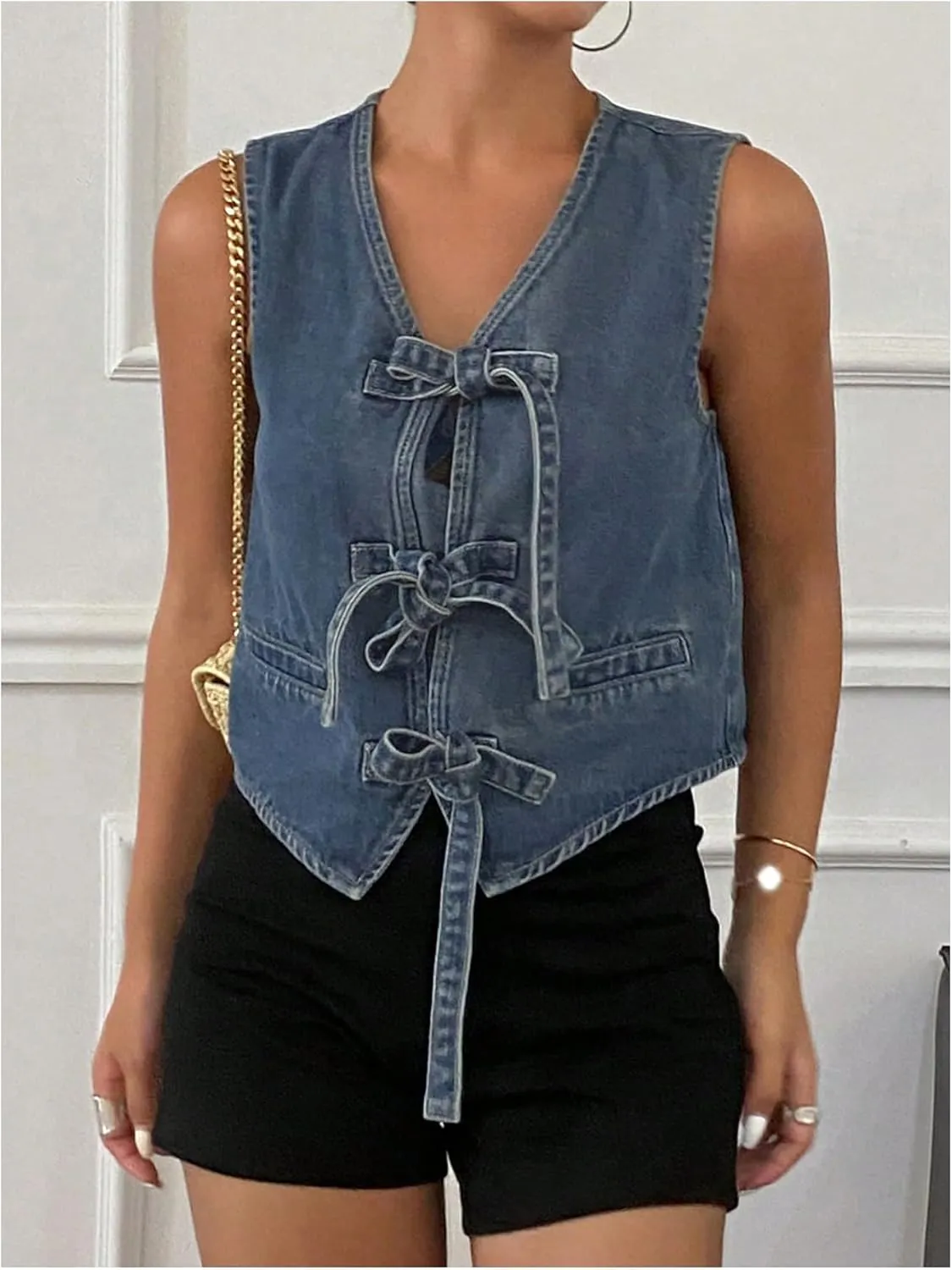 GORGLITTER Women's Bow Tie Front Denim Vest Shirt Sleeveless V Neck Washed Jean Vest Tops Jacket