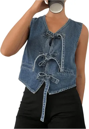 GORGLITTER Women's Bow Tie Front Denim Vest Shirt Sleeveless V Neck Washed Jean Vest Tops Jacket