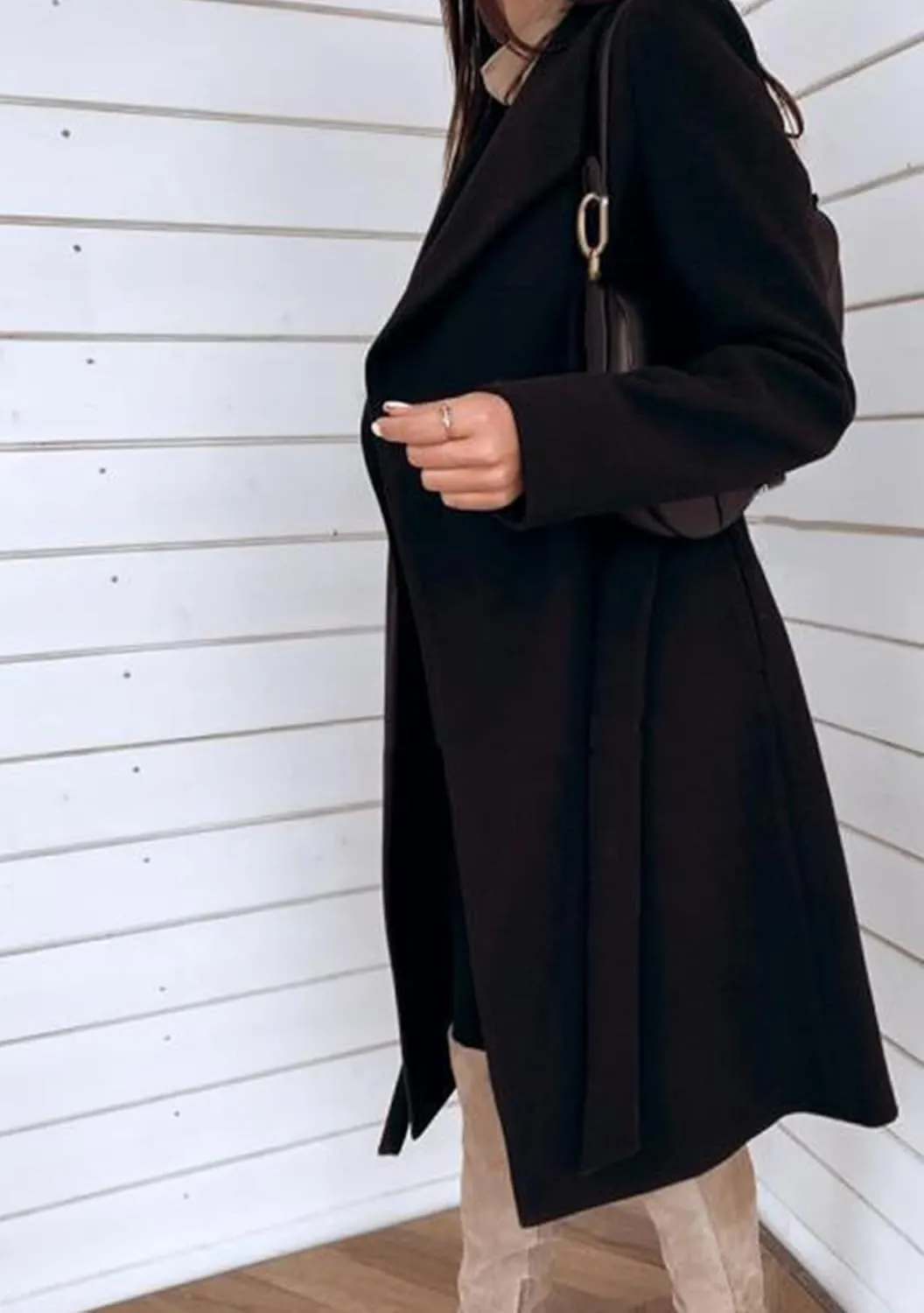 GRASWE Women's Woolen Mid-Length Fashion Lapel Collar Winter Blend Coat - Open Front Elegant Pea Coat