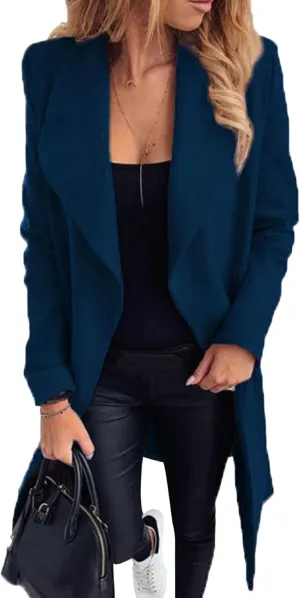 GRASWE Women's Woolen Mid-Length Fashion Lapel Collar Winter Blend Coat - Open Front Elegant Pea Coat